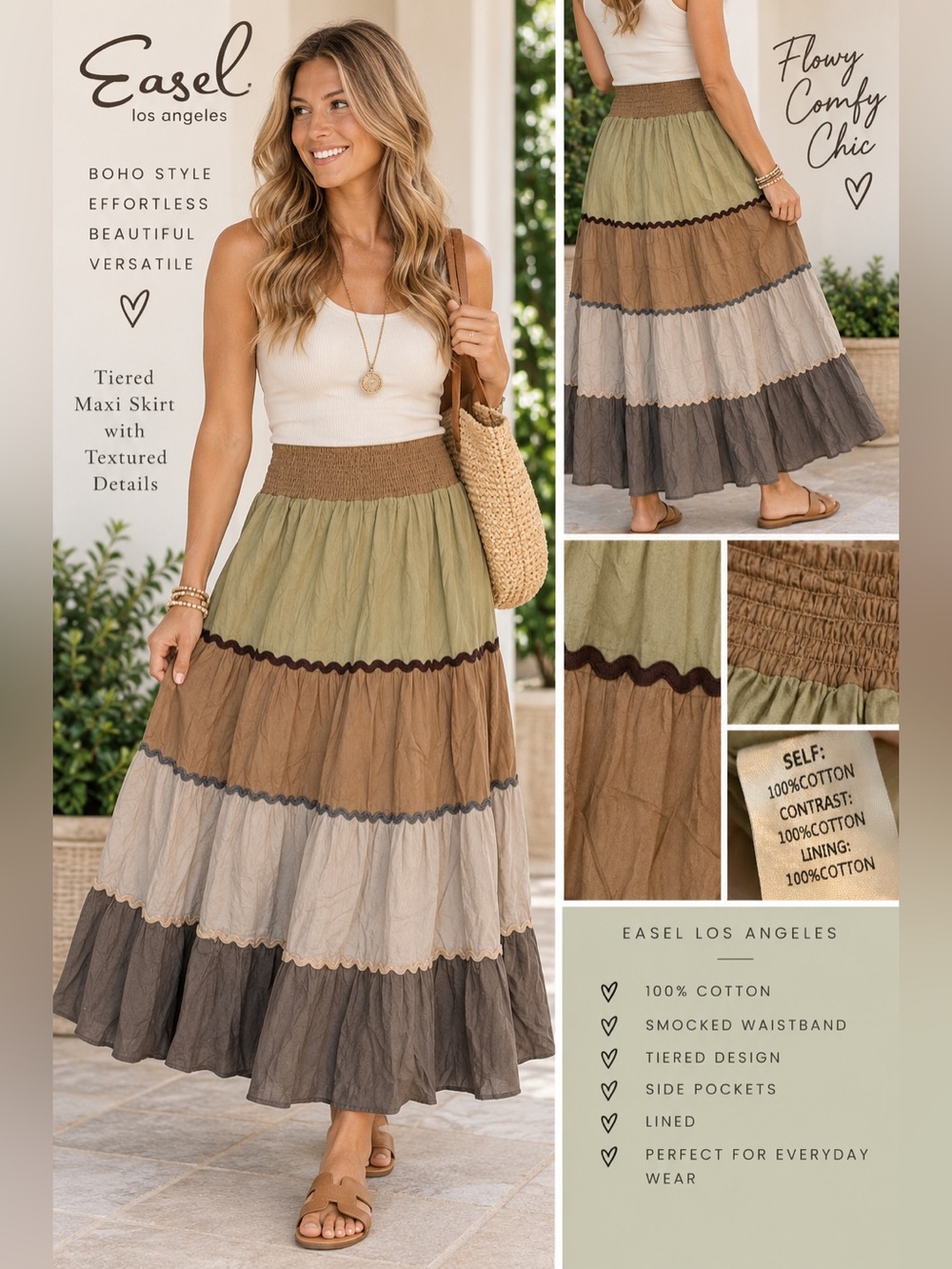 Easel Maxi Skirt Size M Green Brown Tiered Cotton